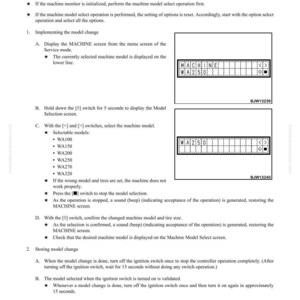 May include: A page from a manual titled "TESTING AND ADJUSTING MACHINE MONITOR SYSTEM." It details the Model Selection Function (MACHINE WA***) with instructions and diagrams. Includes model numbers WA100, WA150, WA200, WA250, WA270, and WA320.