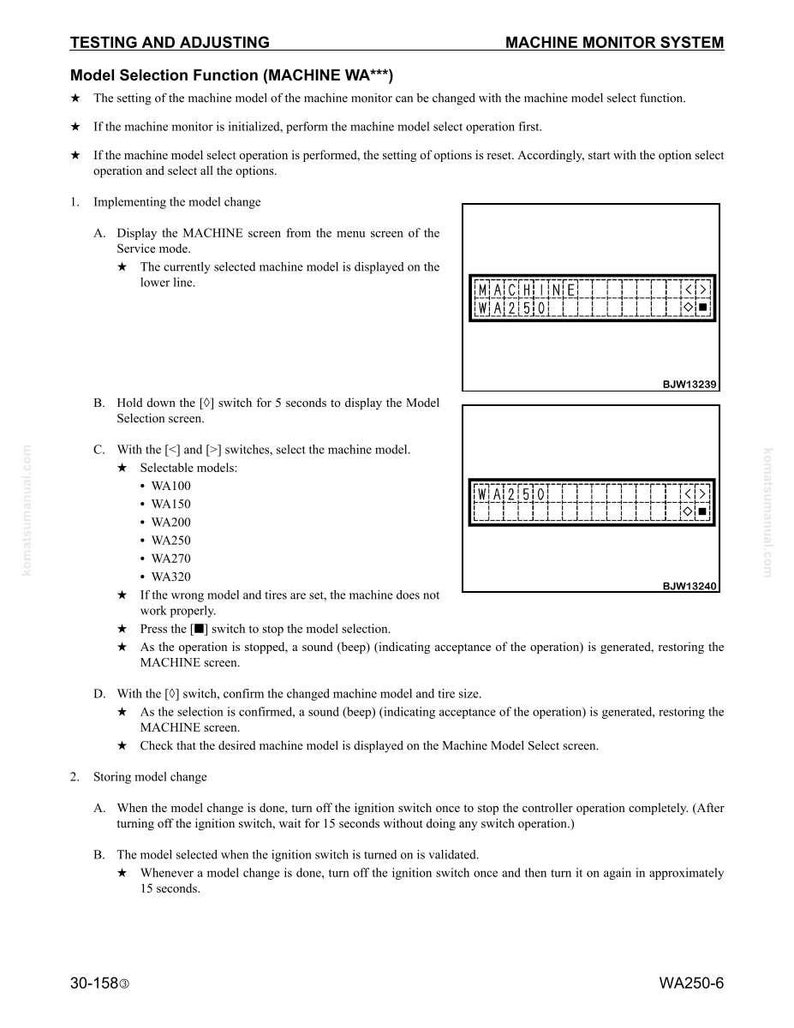 May include: A page from a manual titled "TESTING AND ADJUSTING MACHINE MONITOR SYSTEM." It details the Model Selection Function (MACHINE WA***) with instructions and diagrams. Includes model numbers WA100, WA150, WA200, WA250, WA270, and WA320.