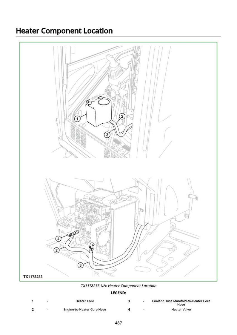 May include: Diagram showing the location of heater components, with labels and lines. The diagram includes a heater core, engine-to-heater core hose, coolant hose, and heater valve. Text at the top reads "Heater Component Location".