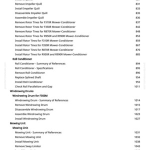 May include: A detailed contents page from a manual, listing procedures for agricultural equipment. The text includes instructions for impeller, roll conditioner, windrowing drums, mowing unit, and electrical system components.