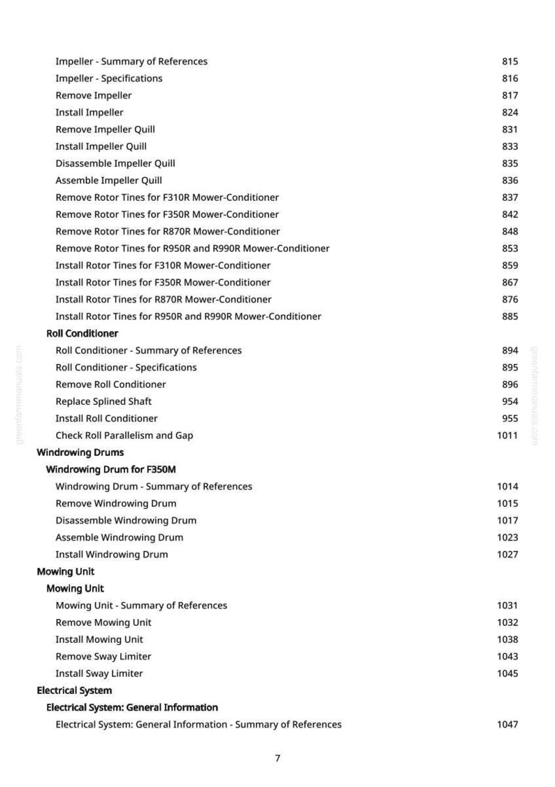 May include: A detailed contents page from a manual, listing procedures for agricultural equipment. The text includes instructions for impeller, roll conditioner, windrowing drums, mowing unit, and electrical system components.
