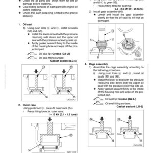 May include: Diagram of disassembly and assembly instructions for a final drive assembly. Includes steps for oil seals, gear assembly, and outer race installation, with diagrams and measurements.