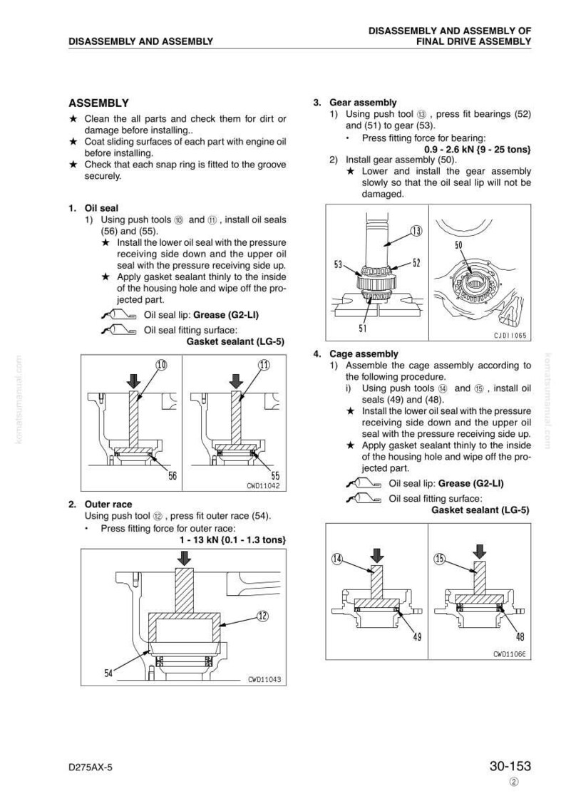 May include: Diagram of disassembly and assembly instructions for a final drive assembly. Includes steps for oil seals, gear assembly, and outer race installation, with diagrams and measurements.