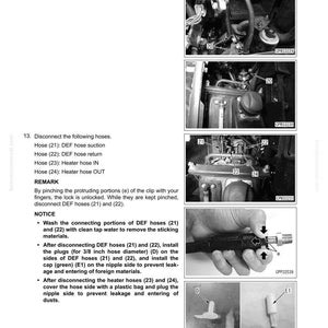 May include: Diagram of DEF tank assembly disassembly and assembly instructions. Includes images of removing clamps, disconnecting hoses, and installing plugs and caps. Text includes instructions and part numbers.