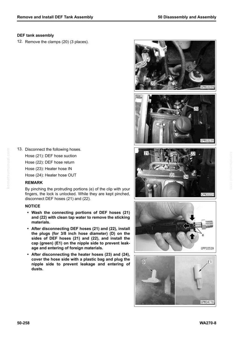 May include: Diagram of DEF tank assembly disassembly and assembly instructions. Includes images of removing clamps, disconnecting hoses, and installing plugs and caps. Text includes instructions and part numbers.