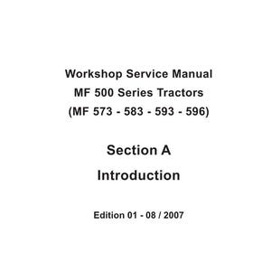 May include: A white cover of a workshop service manual for MF 500 Series Tractors. The text includes "Workshop Service Manual", "MF 500 Series Tractors", and the tractor model numbers. The manual is labeled "Section A Introduction" and "Edition 01-08/2007".