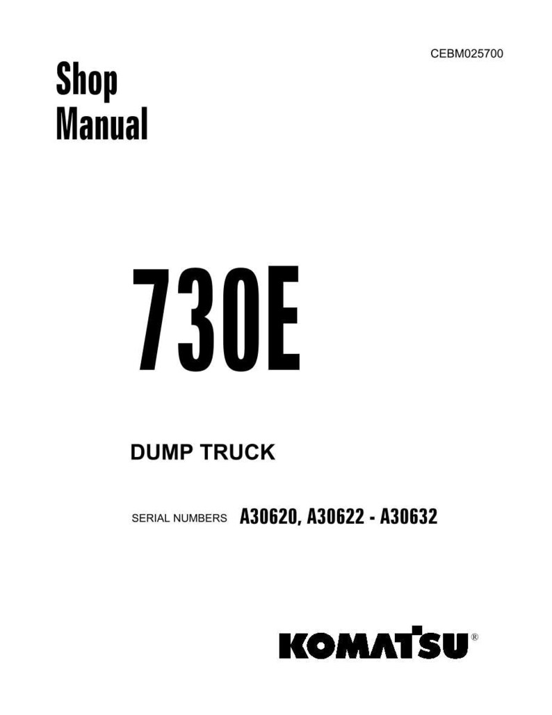 Może przedstawiać: Biała okładka instrukcji warsztatowej z czarnym napisem "Shop Manual". Numer "730E" jest wyraźnie wyświetlany, wraz z "DUMP TRUCK" i numerami seryjnymi. Logo Komatsu znajduje się na dole.