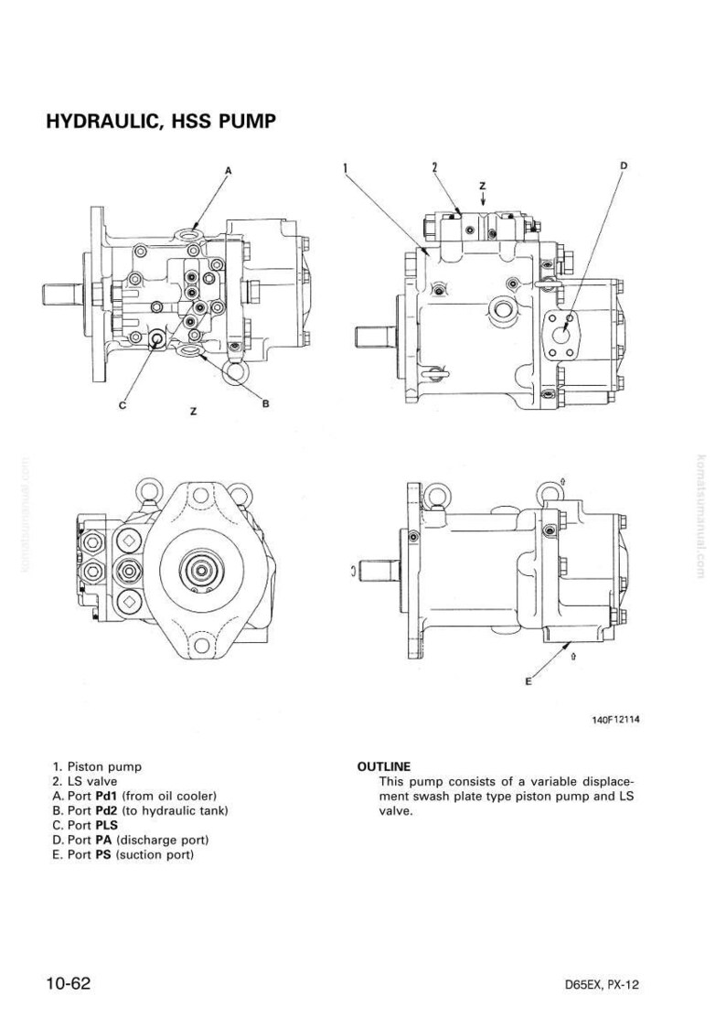 May include: Diagram of a hydraulic HSS pump, showcasing multiple views of the component. Labeled parts include piston pump, LS valve, and various ports. The outline states it's a variable displacement swash plate type piston pump and LS valve.