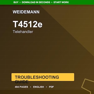 May include: A digital product cover with the Weidemann logo and "T4512e Telehandler" title. The cover includes a yellow rectangle with "Troubleshooting Guide" and details: 494 pages, English, PDF.