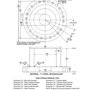 May include: Technical diagram of a 930E-2 spindle removal tool. The diagram includes dimensions for bolt hole diameter, plate outside diameter, bolt circle diameter, plate inside diameter, and plate thickness. The material is T-1 steel or equivalent.