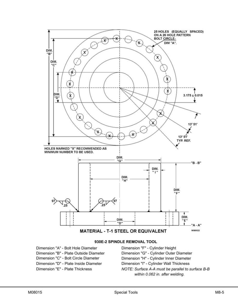 May include: Technical diagram of a 930E-2 spindle removal tool. The diagram includes dimensions for bolt hole diameter, plate outside diameter, bolt circle diameter, plate inside diameter, and plate thickness. The material is T-1 steel or equivalent.