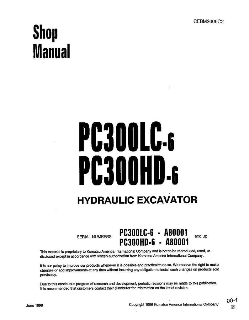 Puede incluir: Una portada de manual de taller blanca con texto negro. El t&iacute;tulo dice "Shop Manual" encima del texto "PC300LC-6 PC300HD-6 HYDRAULIC EXCAVATOR". Tambi&eacute;n se enumeran los n&uacute;meros de serie PC300LC-6 - A80001 y PC300HD-6 - A80001.