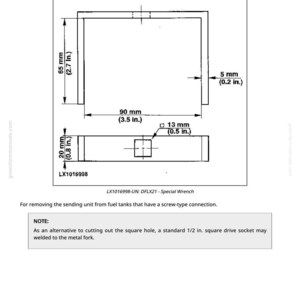 May include: Diagram of a special wrench, labeled DFLX21, with dimensions in inches and millimeters. The wrench is designed for removing sending units from fuel tanks with screw-type connections. The diagram includes a note about an alternative to cutting a square hole.