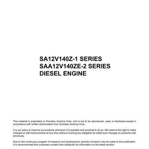 Op de afbeelding: Een wit werkplaatshandboek met de titel "Shop Manual" bovenaan. De handleiding beschrijft de dieselmotoren van de SA12V140Z-1 en SAA12V140ZE-2 series. Het document bevat copyrightinformatie uit 2008 en is van Komatsu America Corp.
