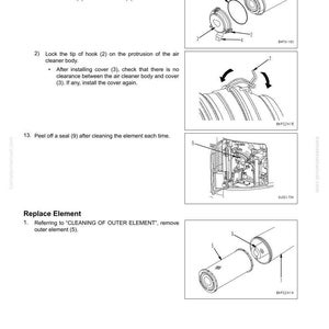 May include: Diagram from a manual showing steps for installing and replacing an air cleaner element. The steps include aligning the cover, locking the hook, and peeling off a seal. Text includes "Test in Accordance with Testing Procedure".