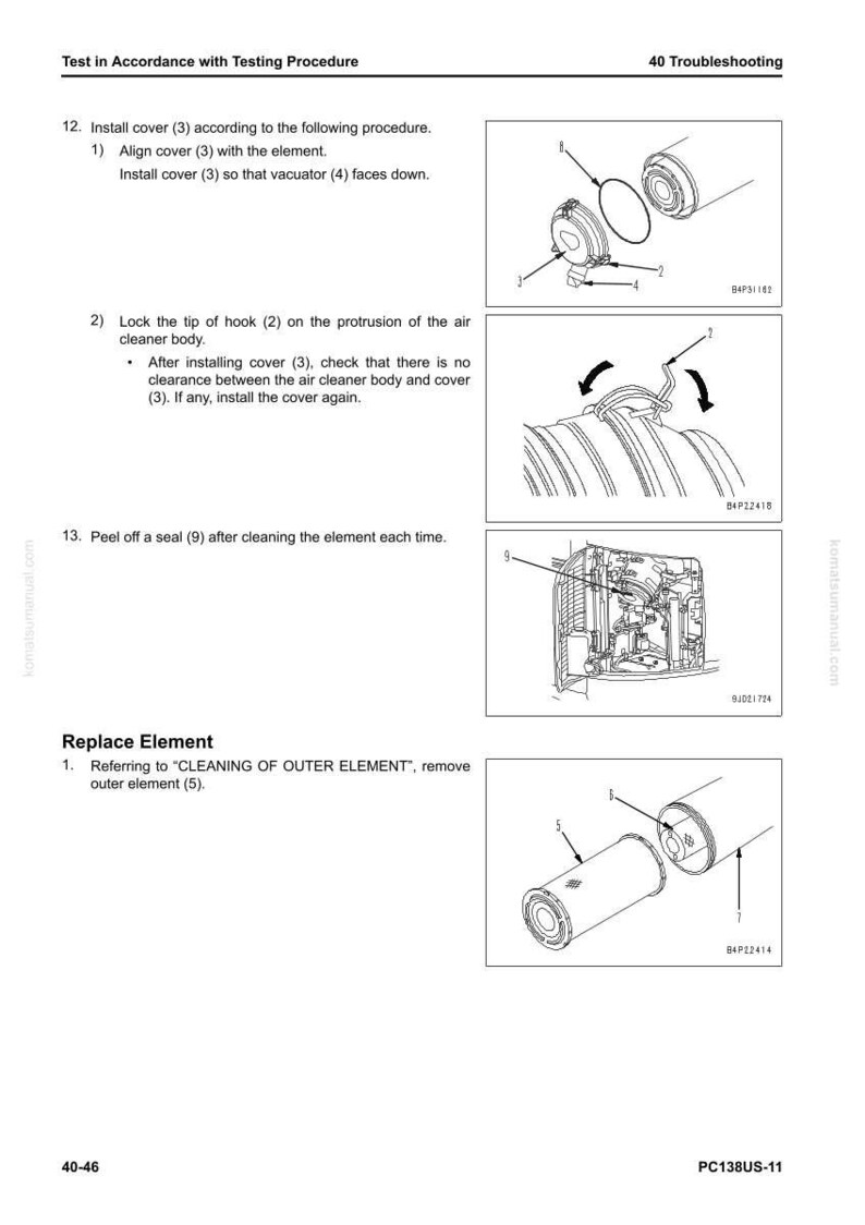 May include: Diagram from a manual showing steps for installing and replacing an air cleaner element. The steps include aligning the cover, locking the hook, and peeling off a seal. Text includes "Test in Accordance with Testing Procedure".