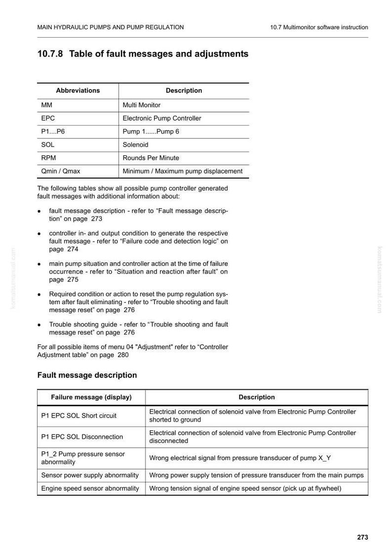May include: A technical document page titled "Table of fault messages and adjustments." It lists abbreviations like MM, EPC, and SOL, with corresponding descriptions. Includes fault message descriptions and troubleshooting guides for hydraulic pumps.