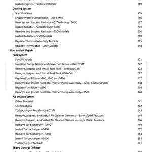 May include: A manual page detailing tractor repair procedures. The contents include sections on cooling, fuel, air, and electrical systems, with corresponding page numbers on the right.