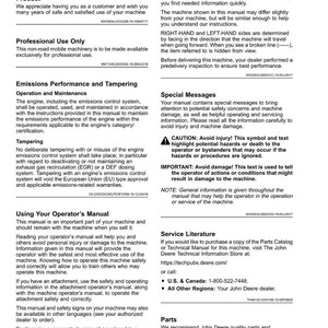 May include: A page from a John Deere operator's manual with the title "Introduction." The text includes information on machine operation, safety, and service literature. The manual is for professional use and contains safety warnings.