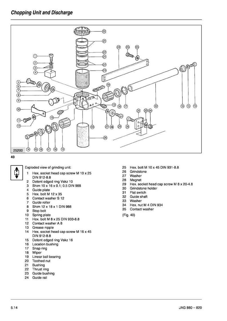 May include: An exploded diagram of a chopping unit and discharge system, with various mechanical components labeled. The image includes screws, washers, and a grinding stone, with measurements in millimeters.