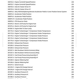 May include: A white page with a list of engine-related terms and their corresponding page numbers. The terms include engine camshaft speed, exhaust gas pressure, and auxiliary pressure. The page numbers range from 230 to 269.