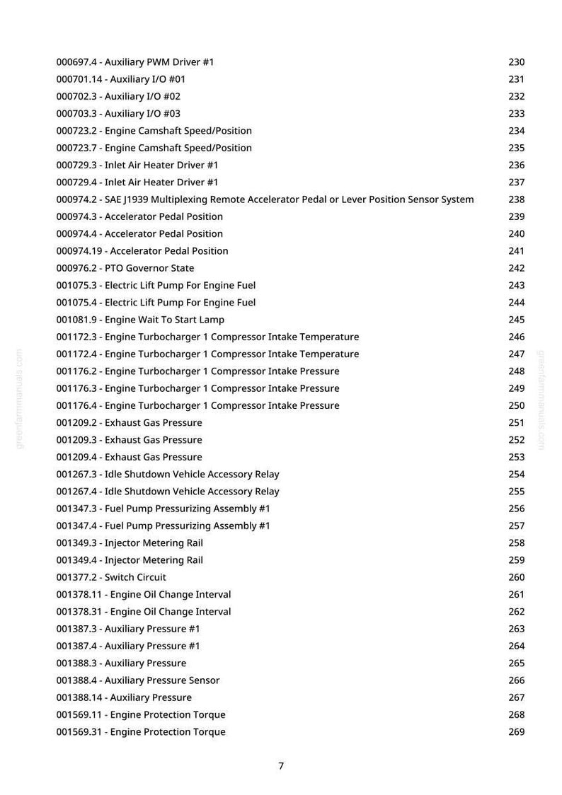 May include: A white page with a list of engine-related terms and their corresponding page numbers. The terms include engine camshaft speed, exhaust gas pressure, and auxiliary pressure. The page numbers range from 230 to 269.
