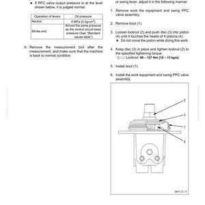 May include: Diagram of a mechanical component with numbered parts, including a boot, locknut, and piston. Text provides instructions for adjusting play in work equipment and swing PPC valves. The image is from a manual.