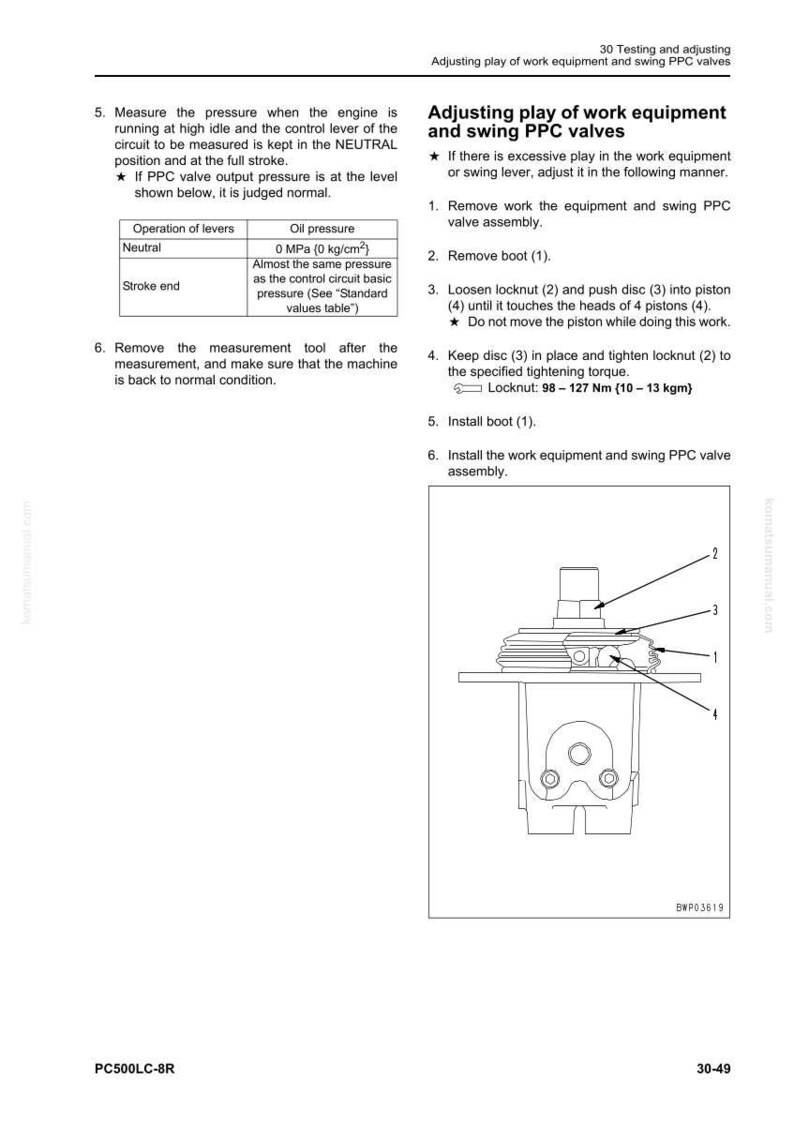 May include: Diagram of a mechanical component with numbered parts, including a boot, locknut, and piston. Text provides instructions for adjusting play in work equipment and swing PPC valves. The image is from a manual.