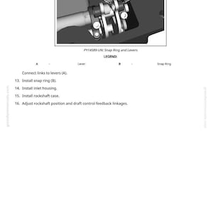 Puede incluir: Diagrama t&eacute;cnico de componentes mec&aacute;nicos, con palancas y un anillo de retenci&oacute;n, etiquetados A y B. El texto dice "PY14589-UN: Snap Ring and Levers" y proporciona instrucciones de montaje. Ilustraci&oacute;n t&eacute;cnica.