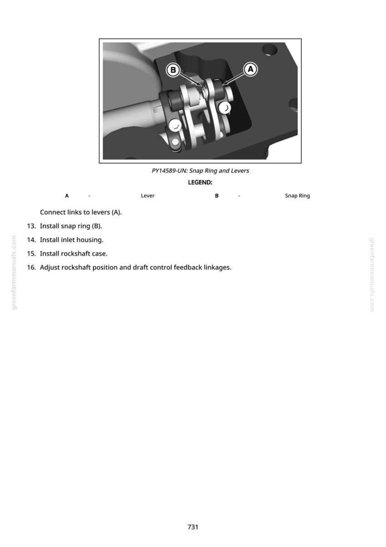 Puede incluir: Diagrama t&eacute;cnico de componentes mec&aacute;nicos, con palancas y un anillo de retenci&oacute;n, etiquetados A y B. El texto dice "PY14589-UN: Snap Ring and Levers" y proporciona instrucciones de montaje. Ilustraci&oacute;n t&eacute;cnica.