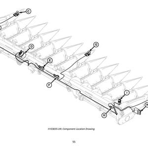 May include: Black and white component location drawing of a combine header. The diagram shows the placement of various components labeled A through K, connected by lines. Text at the bottom reads "H103035-UN: Component Location Drawing" and "55".