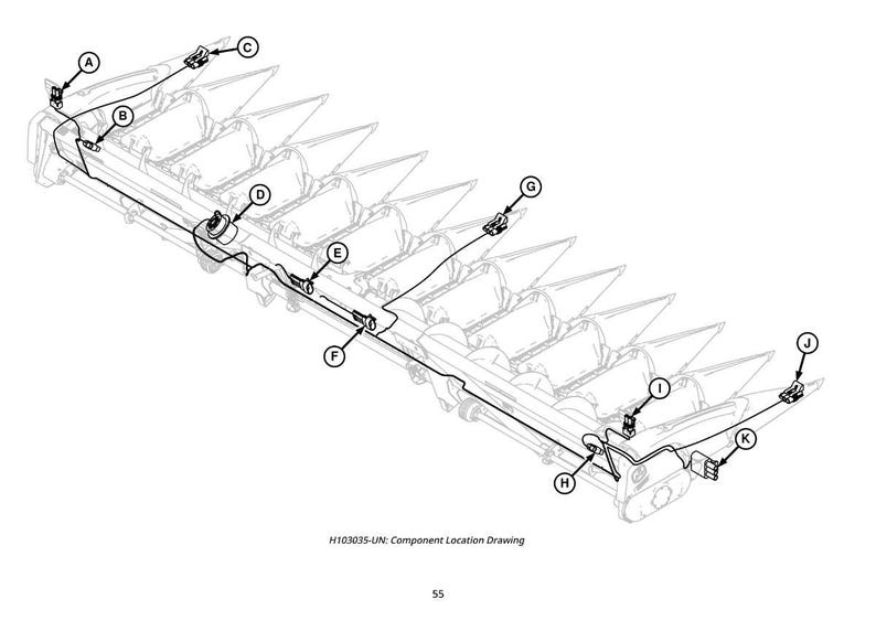 May include: Black and white component location drawing of a combine header. The diagram shows the placement of various components labeled A through K, connected by lines. Text at the bottom reads "H103035-UN: Component Location Drawing" and "55".