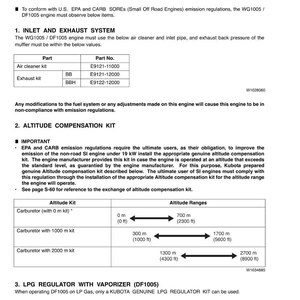 Op de afbeelding: Een technisch document getiteld "BELANGRIJKE ITEMS VAN UITLAATEMISSIEREGULERING" met tabellen en tekst. Het bevat informatie over inlaat- en uitlaatsystemen, hoogtecompensatiekits en LPG-regelaars voor motoren.