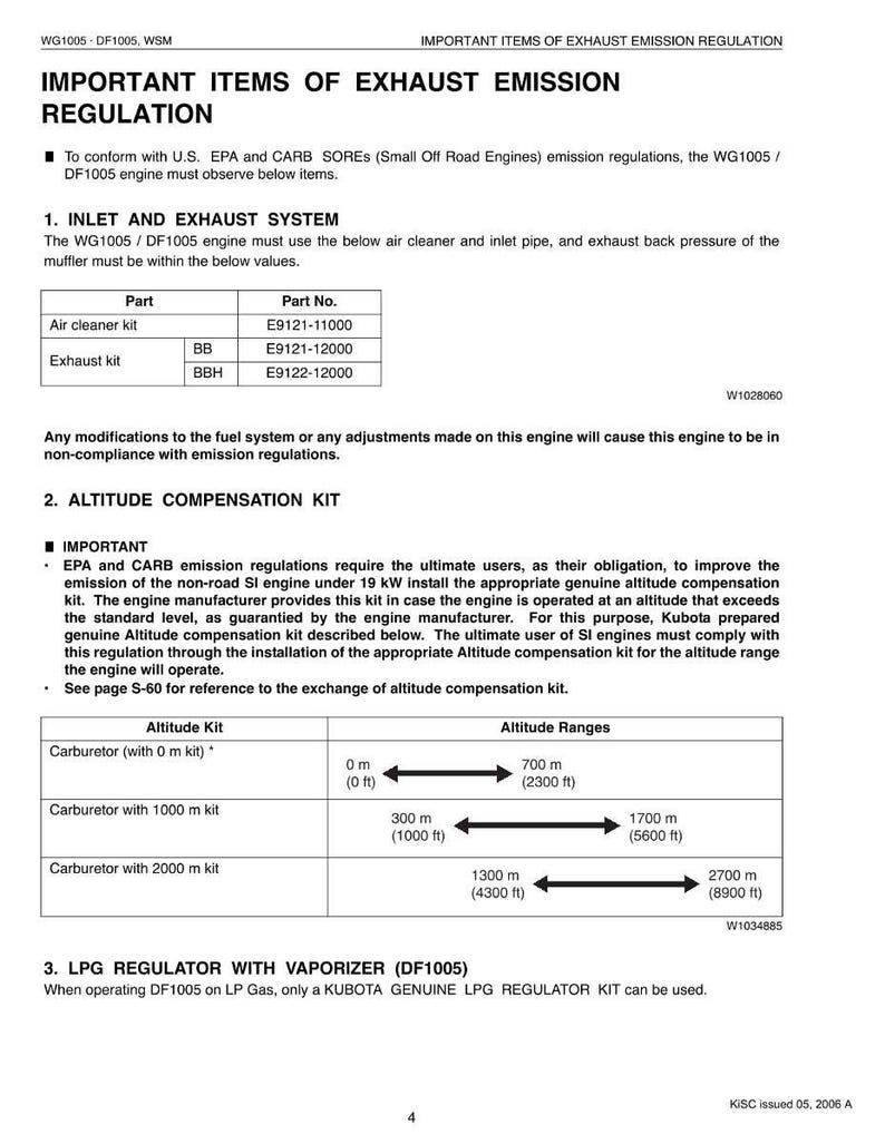 Op de afbeelding: Een technisch document getiteld "BELANGRIJKE ITEMS VAN UITLAATEMISSIEREGULERING" met tabellen en tekst. Het bevat informatie over inlaat- en uitlaatsystemen, hoogtecompensatiekits en LPG-regelaars voor motoren.