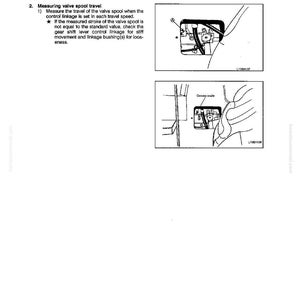 May include: A page from a manual with the title "TESTING AND ADJUSTING" and "TRANSMISSION CONTROL VALVE SPOOLS". It includes diagrams of mechanical components and text describing measurement procedures. The page number is 22-12.
