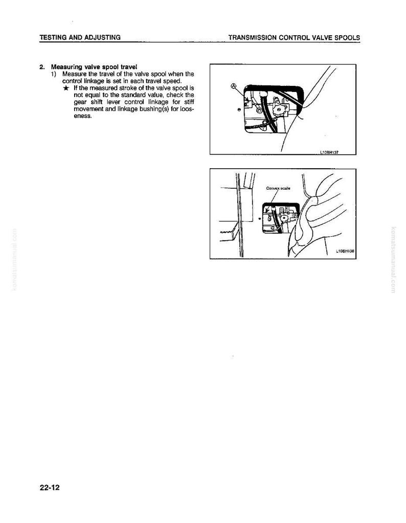May include: A page from a manual with the title "TESTING AND ADJUSTING" and "TRANSMISSION CONTROL VALVE SPOOLS". It includes diagrams of mechanical components and text describing measurement procedures. The page number is 22-12.