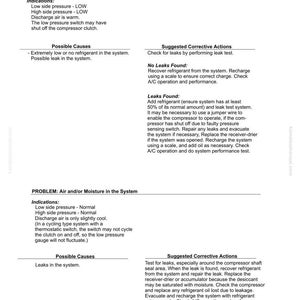 May include: A white document with black text detailing automotive air conditioning system problems, including low refrigerant charge and air/moisture issues. The document provides indications, possible causes, and suggested corrective actions.