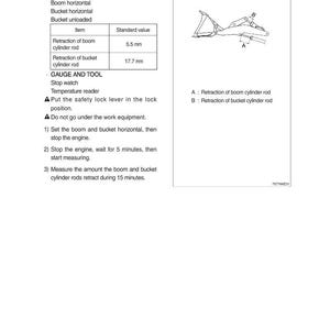 May include: Technical diagram for a loader cylinder drift test. Includes specifications for oil temperature, boom and bucket positions, and standard values for cylinder rod retraction: 5.5 mm and 17.7 mm. Instructions detail the testing procedure.