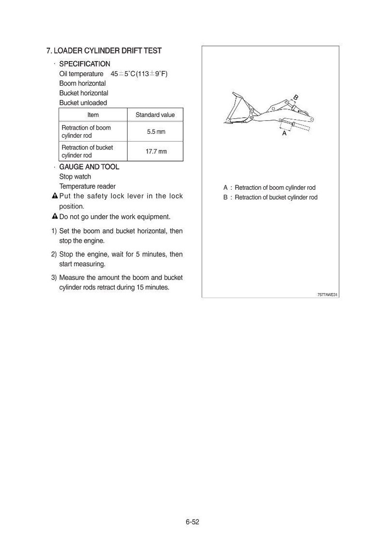 May include: Technical diagram for a loader cylinder drift test. Includes specifications for oil temperature, boom and bucket positions, and standard values for cylinder rod retraction: 5.5 mm and 17.7 mm. Instructions detail the testing procedure.