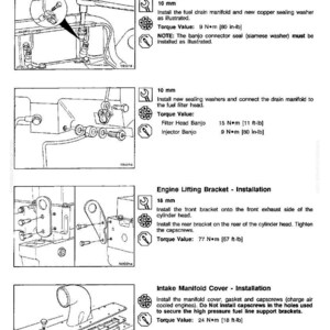 May include: An engine assembly diagram with detailed illustrations for fuel drain manifold, engine lifting bracket, and intake manifold cover installations. Includes torque values in inch-pounds and foot-pounds.