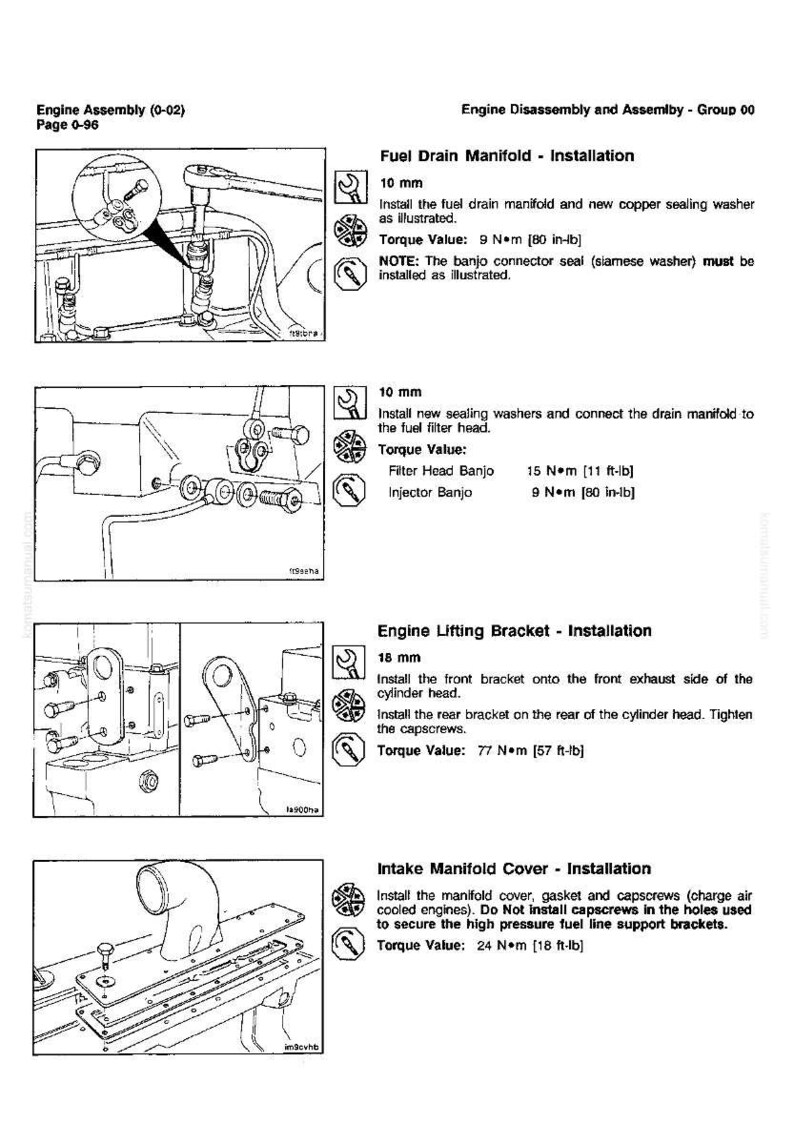 May include: An engine assembly diagram with detailed illustrations for fuel drain manifold, engine lifting bracket, and intake manifold cover installations. Includes torque values in inch-pounds and foot-pounds.