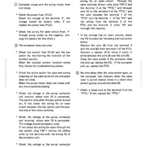 Op de afbeelding: Een pagina uit een handleiding met stappen voor het oplossen van problemen met een hydraulische pompmotor. De tekst bevat instructies voor het controleren van zekeringen, bedrading en spanning. De pagina is in zwart-wit.