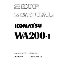 May include: A white page with the text "SHOP MANUAL" in a bold, outlined font. Below, the brand name "KOMATSU" is prominently displayed, followed by "WA200-1". The bottom of the page includes "MACHINE MODEL" and "SERIAL No."
