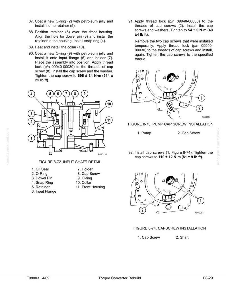 Peut inclure: Diagramme des instructions de reconstruction du convertisseur de couple avec illustrations et &eacute;tiquettes d&eacute;taill&eacute;es. Comprend des figures pour les d&eacute;tails de l'arbre d'entr&eacute;e, l'installation des vis du chapeau de pompe et l'installation des vis du chapeau.