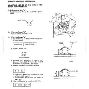 Puede incluir: Diagrama t&eacute;cnico de un manual que detalla el desmontaje y montaje de componentes, centr&aacute;ndose en el conjunto del eje del pi&ntilde;&oacute;n. Incluye diagramas, mediciones y f&oacute;rmulas para ajustes precisos. Las mediciones se dan en kgm, ftlb y Nm.