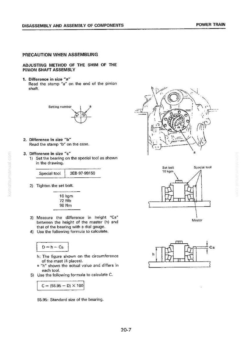Puede incluir: Diagrama t&eacute;cnico de un manual que detalla el desmontaje y montaje de componentes, centr&aacute;ndose en el conjunto del eje del pi&ntilde;&oacute;n. Incluye diagramas, mediciones y f&oacute;rmulas para ajustes precisos. Las mediciones se dan en kgm, ftlb y Nm.