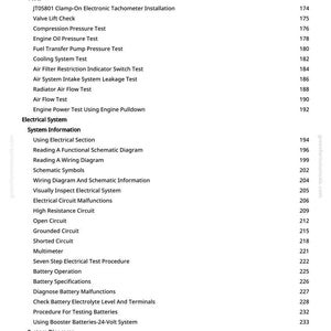 May include: A page from a manual with a list of automotive tests and electrical system information. The text includes topics like "Engine Speed Linkage Adjustment" and "Battery Operation". The page is from greenfarmmanuals.com.