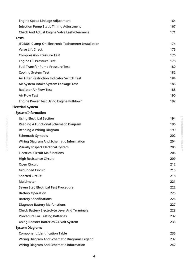 May include: A page from a manual with a list of automotive tests and electrical system information. The text includes topics like "Engine Speed Linkage Adjustment" and "Battery Operation". The page is from greenfarmmanuals.com.