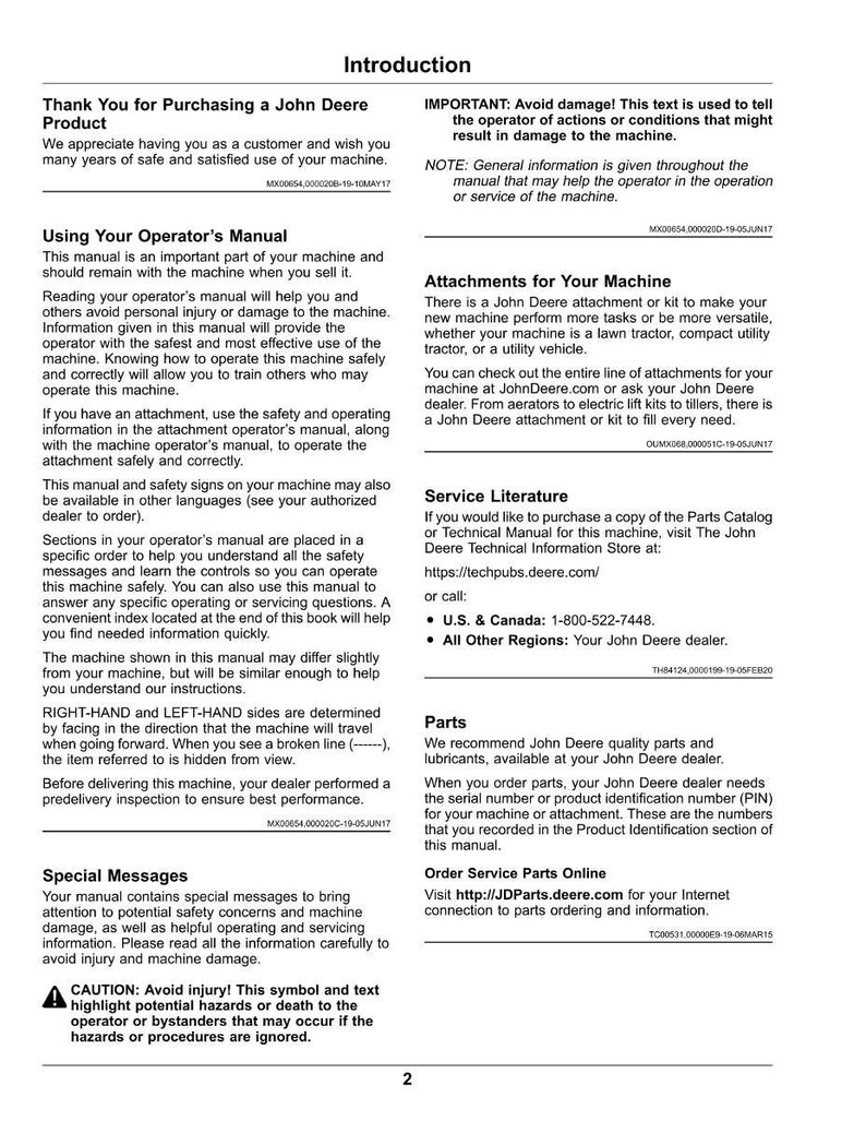 May include: A page from a John Deere operator's manual, featuring the "Introduction" section. The text includes safety warnings, instructions, and contact information for parts and service. The manual is for a John Deere machine.