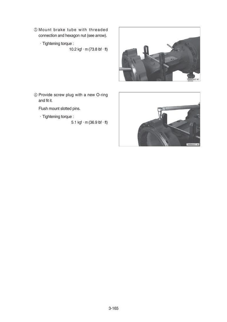 Puede incluir: Diagrama de componentes mec&aacute;nicos con instrucciones de texto. El texto dice: Montar el tubo de freno con conexi&oacute;n roscada y tuerca hexagonal. Par de apriete: 10,2 kgf&middot;m (100,0 Nm). Proporcionar el tap&oacute;n roscado con una nueva junta t&oacute;rica. Par de apriete: 5,1 kgf&middot;m (50,0 Nm).
